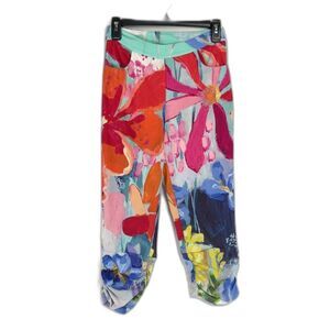 Claire Desjardins Floral Ruched Capri Pants Women's Small Stretch Pockets Art